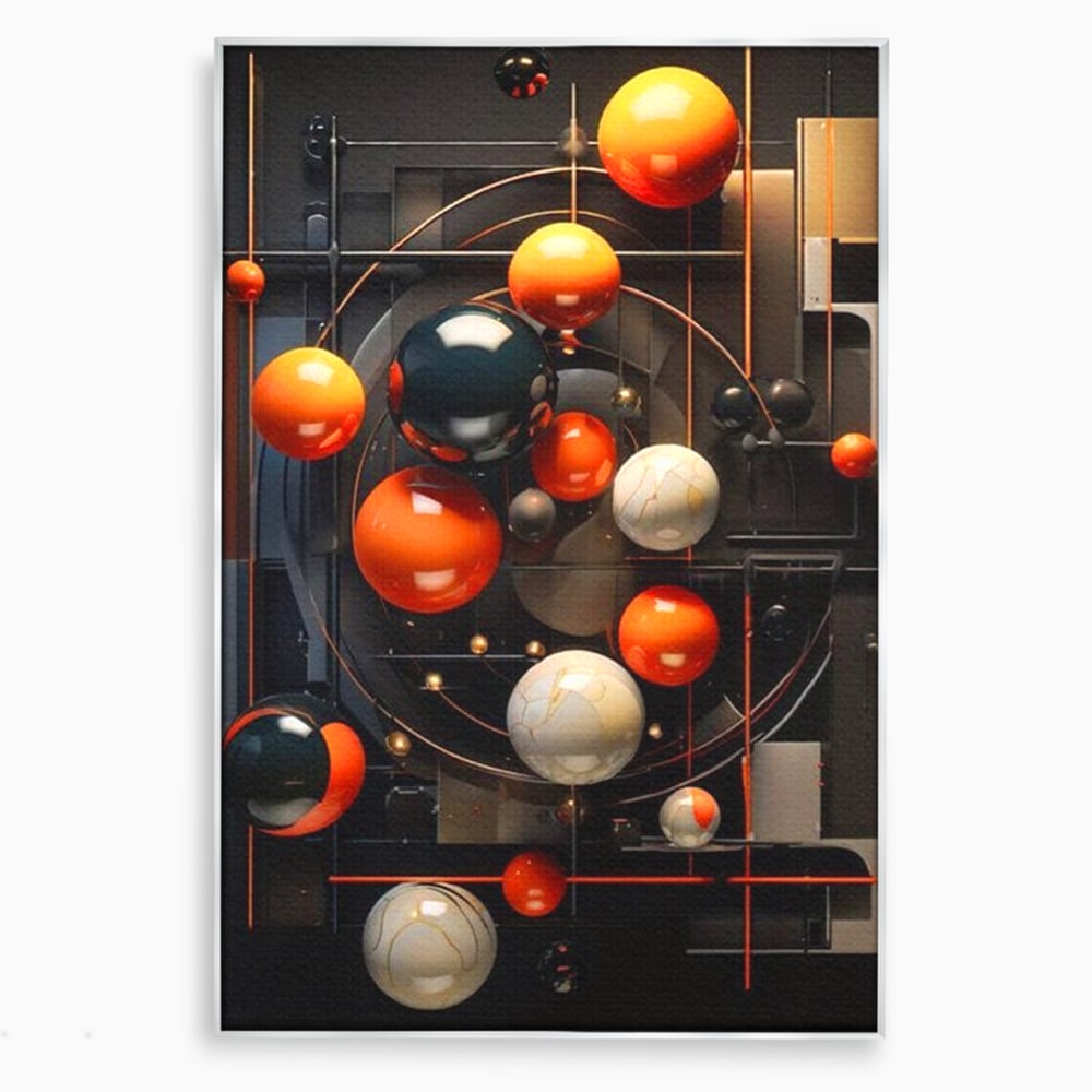 Tablou canvas cu ilustratie abstracta cu planete si orbite, in rama de aluminiu argintiu